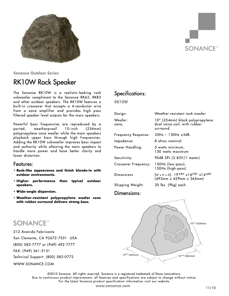 Page n°1 - Fiche technique Sonance RK10W