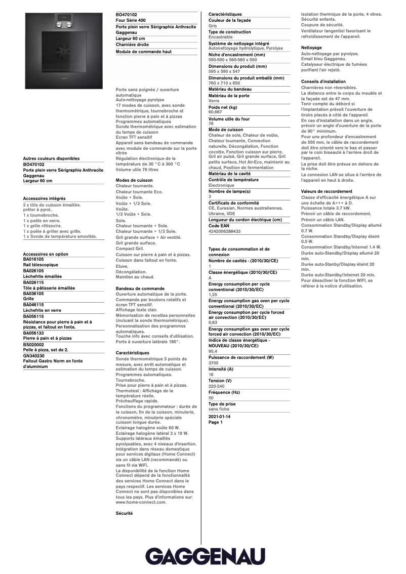 Page 1 de la notice Fiche technique Gaggenau BO470102