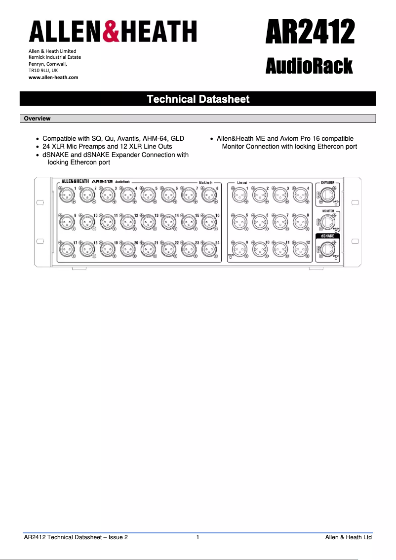 Page 1 de la notice Fiche technique Allen & Heath AR2412