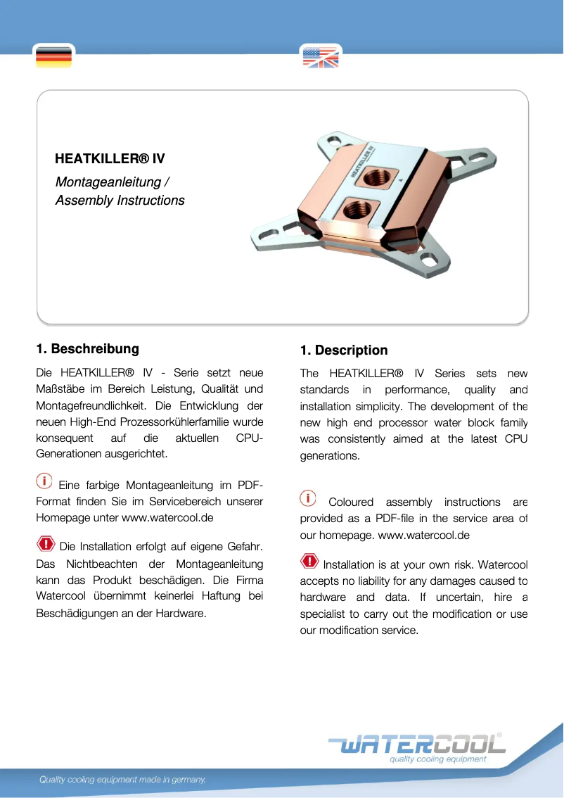 Page 1 de la notice Manuel utilisateur Watercool Heatkiller IV