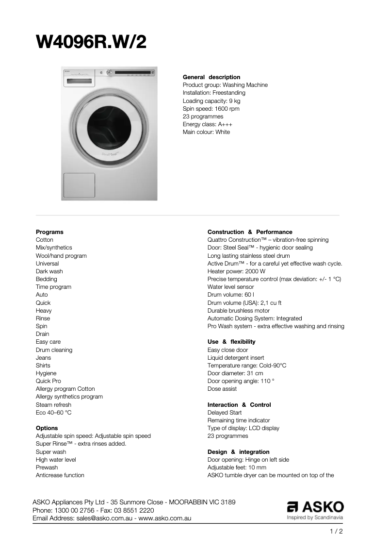 Page n°1 - Fiche technique Asko W4096R