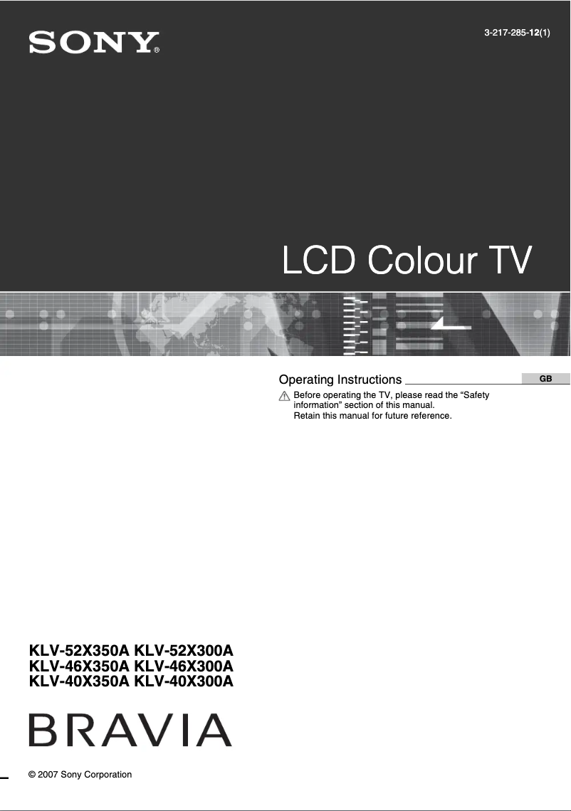 Image de la première page du manuel de l'appareil Bravia KLV-46X350A