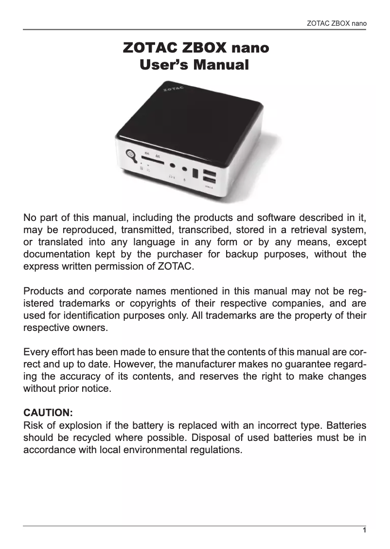 Image de la première page du manuel de l'appareil ZBOX nano