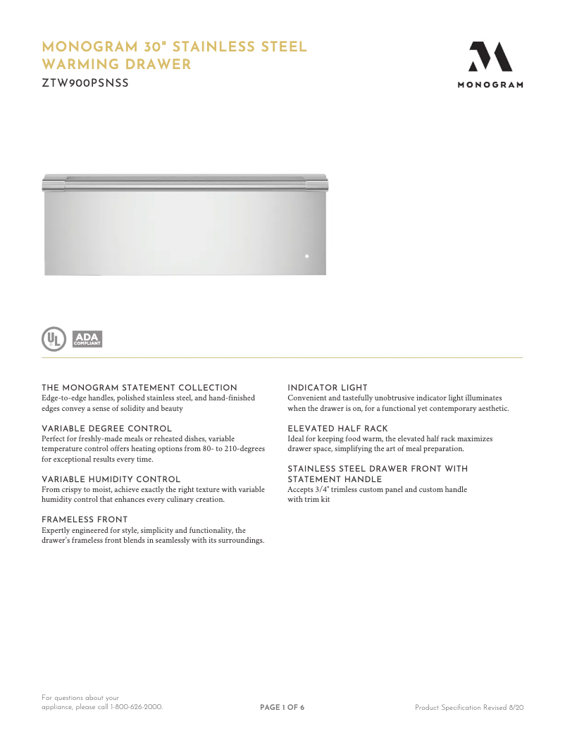 Page n°1 - Fiche technique Monogram ZTW900PSNSS