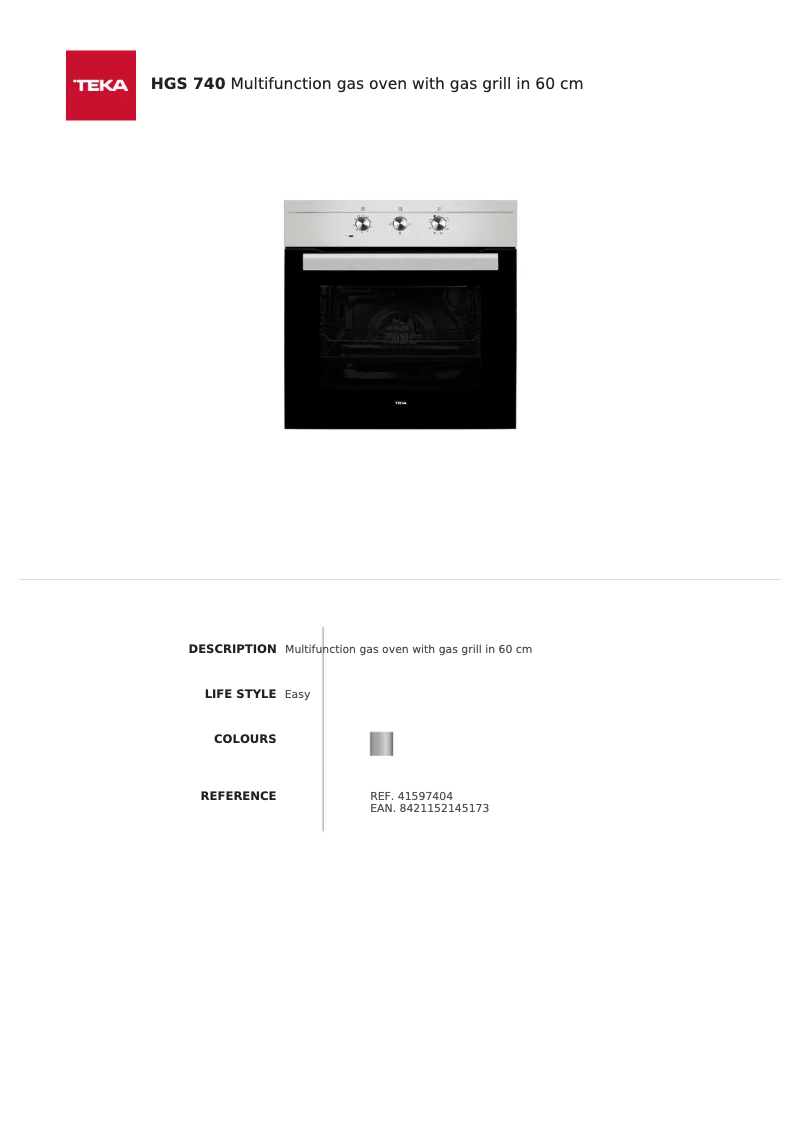 Page 1 de la notice Fiche technique Teka HGS 740