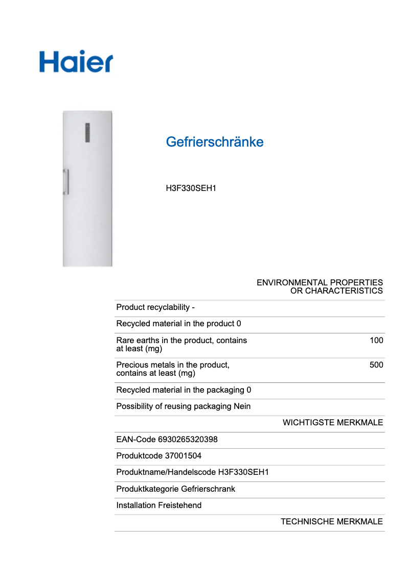 Page 1 de la notice Label énergétique Haier H3F330SEH1