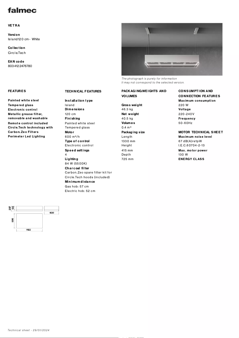 Page 1 de la notice Fiche technique Falmec Vetra