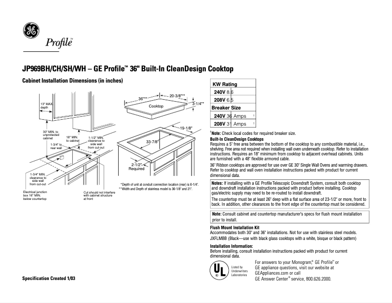 Page n°1 - Fiche technique GE Profile JP969BHBB