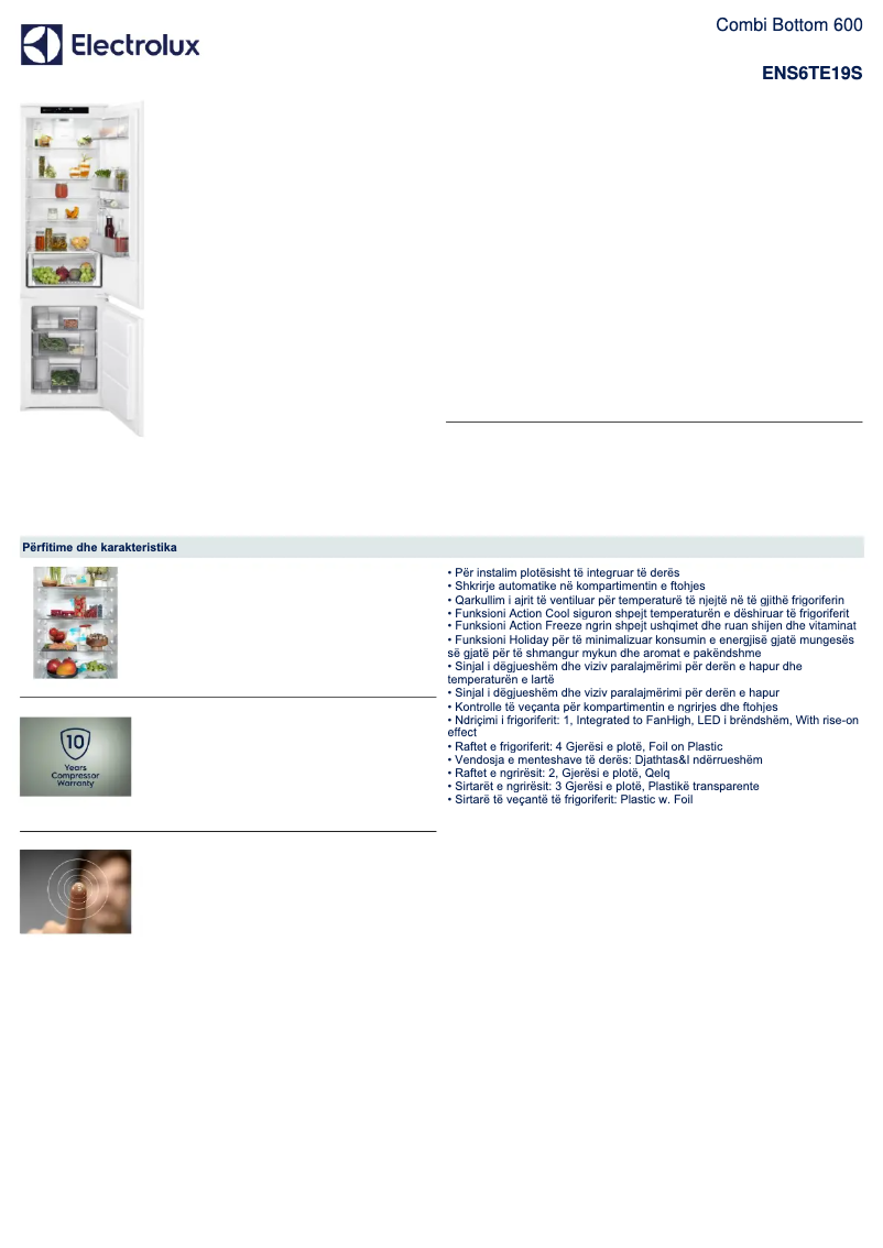 Page 1 de la notice Fiche technique Electrolux ENS6TE19S