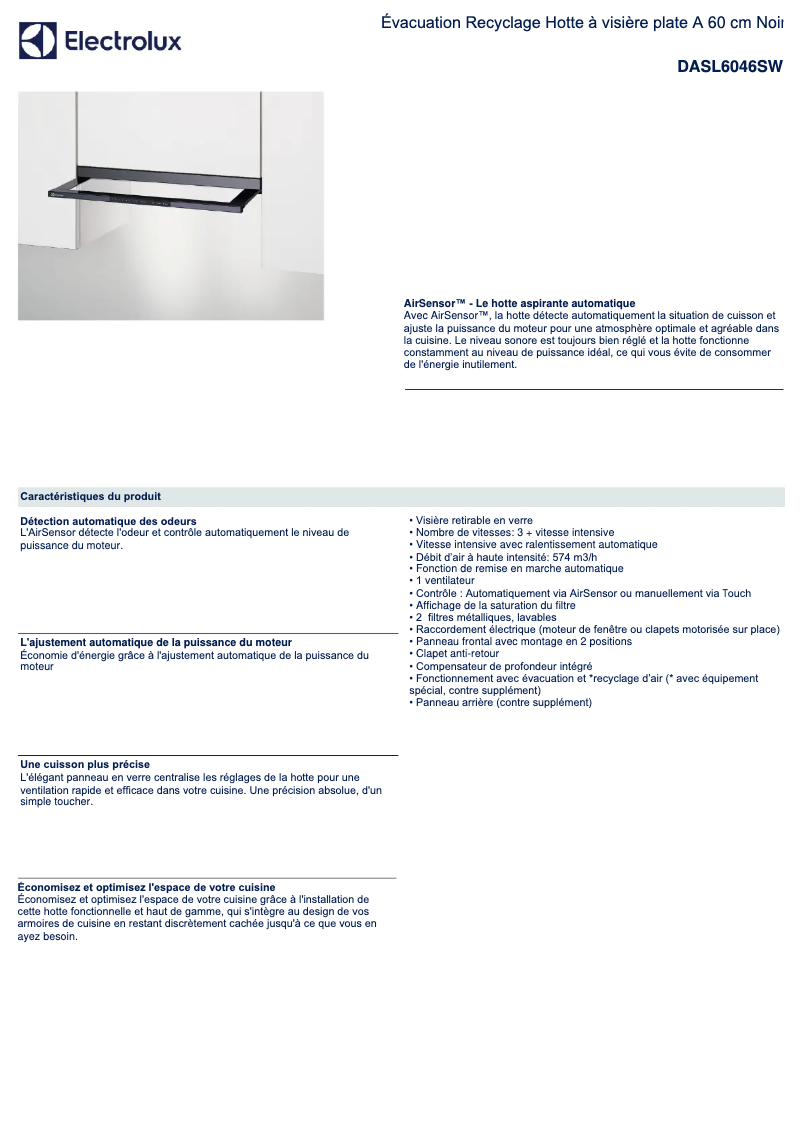Page 1 de la notice Fiche technique Electrolux DASL6046SW