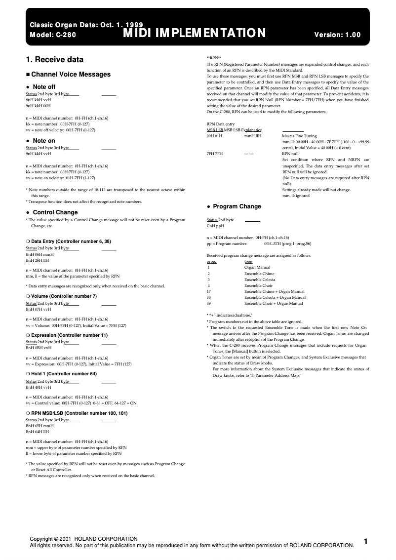 Page n°1 - Manuel utilisateur Roland C-280