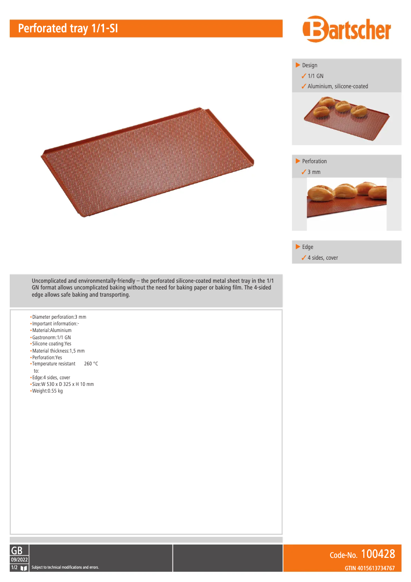 Page n°1 - Fiche technique Bartscher 100428