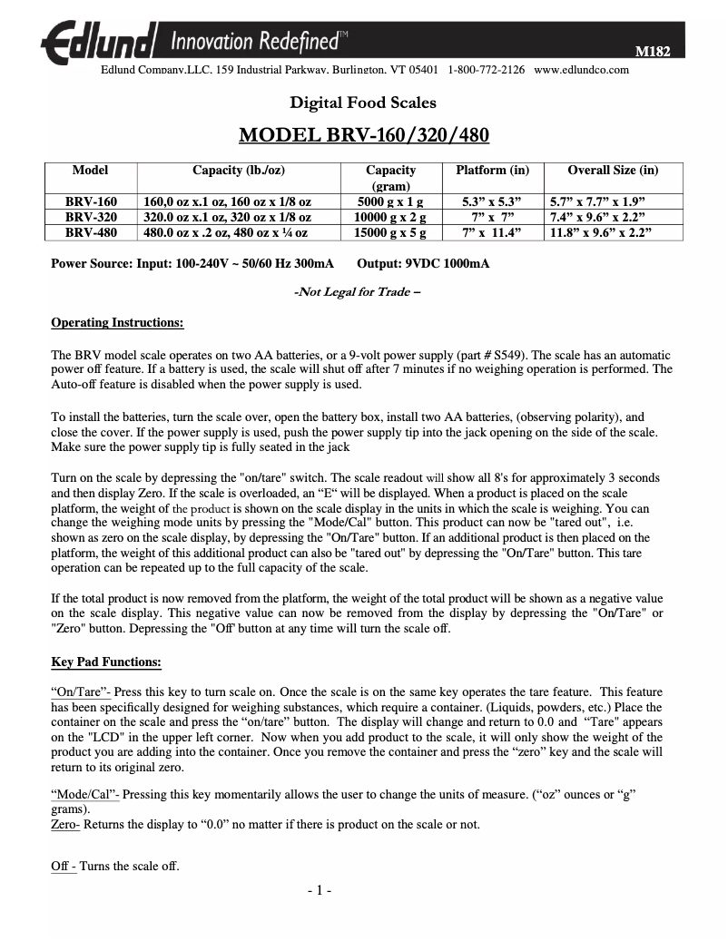 Page n°1 - Manuel utilisateur Edlund BRV-160