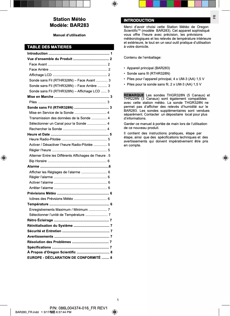 Page 1 de la notice Manuel utilisateur Oregon Scientific BAR283T