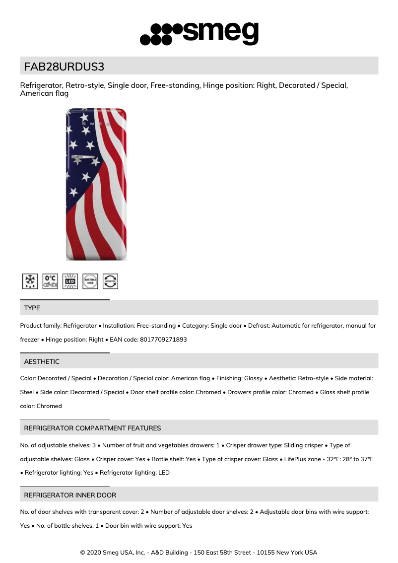 Page 1 de la notice Fiche technique Smeg FAB28URDUS3