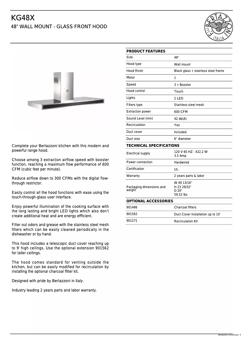 Page 1 de la notice Fiche technique Bertazzoni KG48X