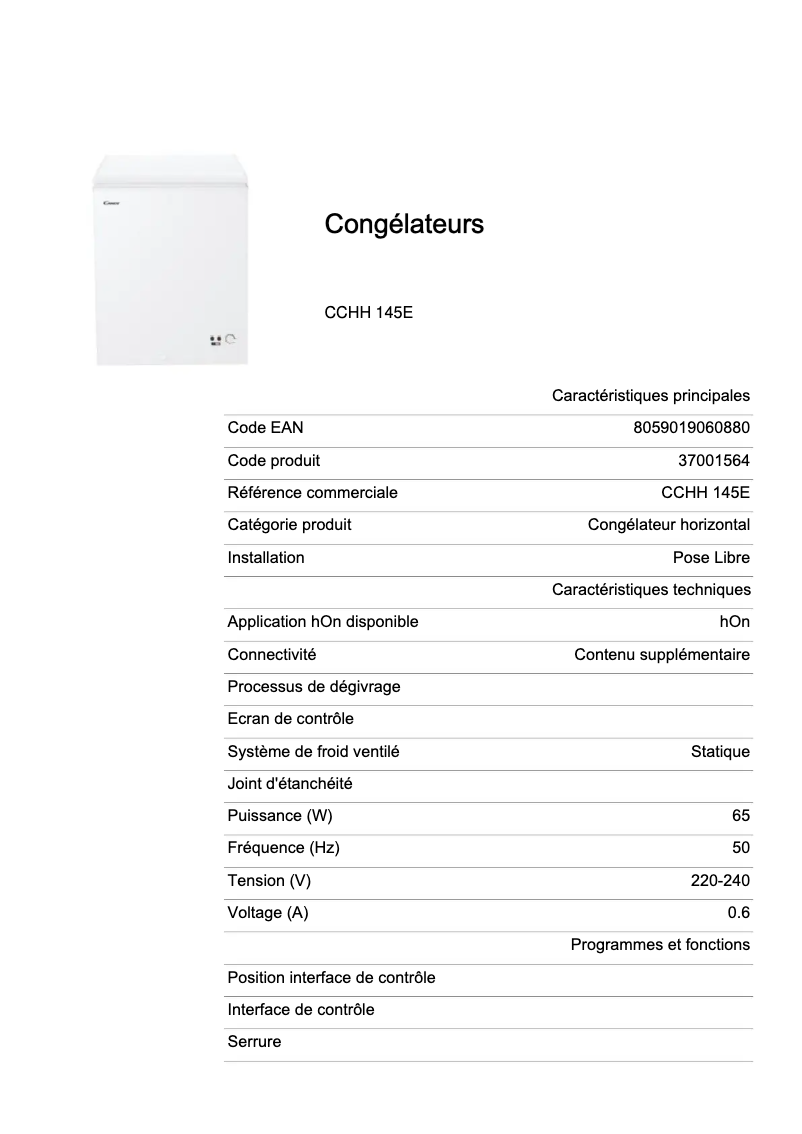Page n°1 - Fiche technique Candy CCHH 145E