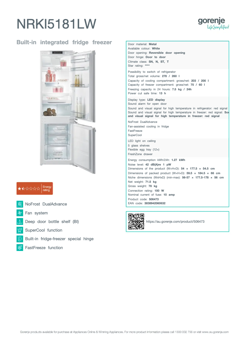 Página 1 del manual Ficha técnica Gorenje NRKI5181LW