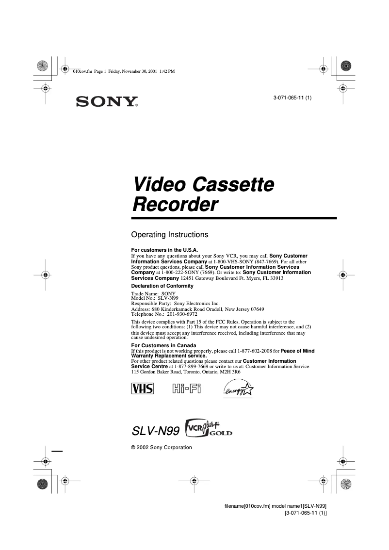 Page n°1 - Manuel utilisateur Sony SLV-N99