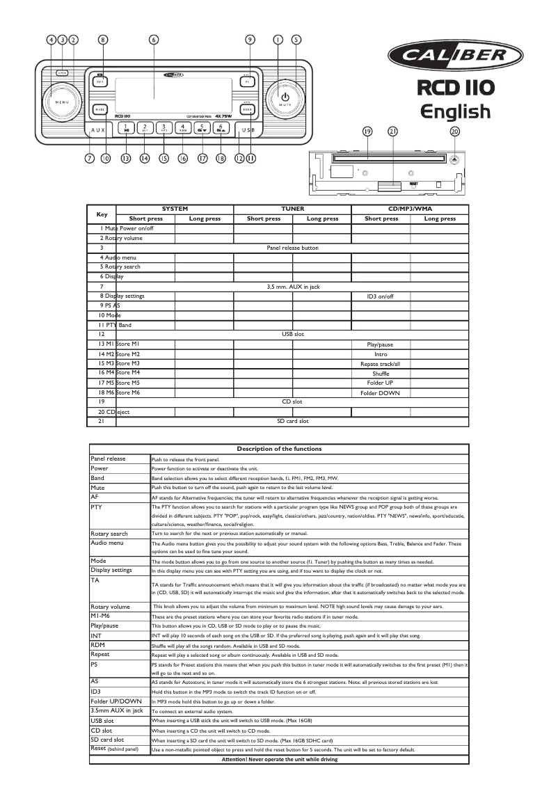 Page 1 de la notice Manuel utilisateur Caliber RCD110