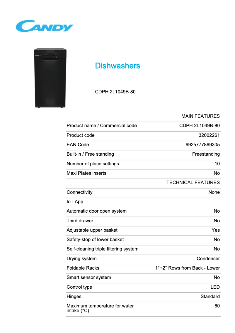 Page 1 de la notice Fiche technique Candy CDPH 2L1049B