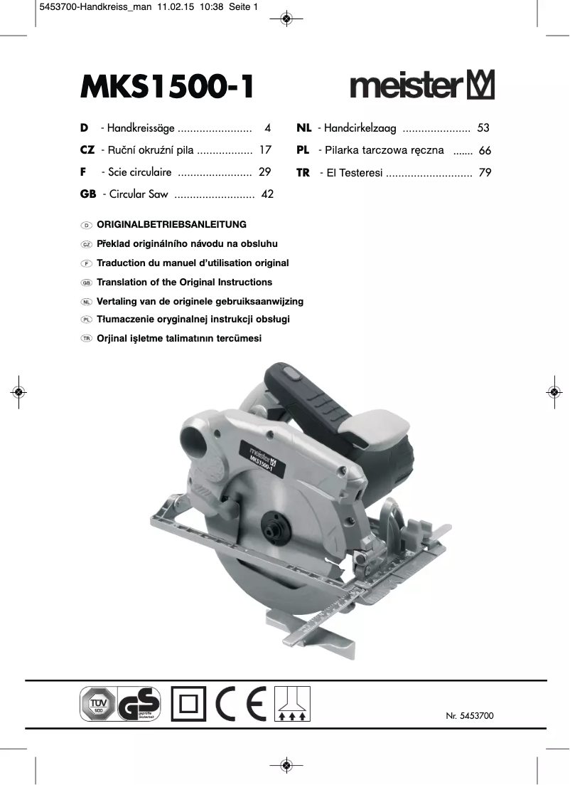 Page 1 de la notice Manuel utilisateur Meister Craft MKS1500-1