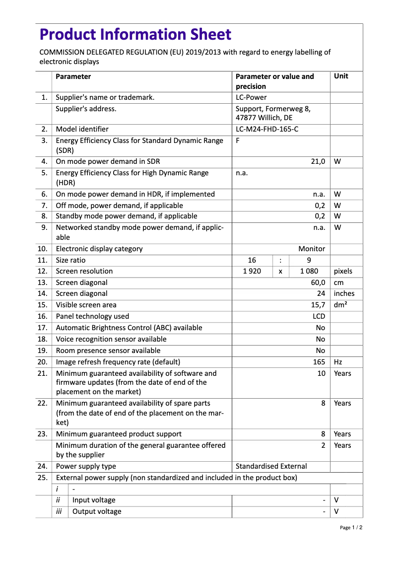 Page 1 de la notice Fiche technique LC-Power LC-M24-FHD-165-C