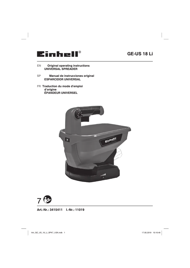 Page 1 de la notice Manuel utilisateur Einhell GE-US 18 Li