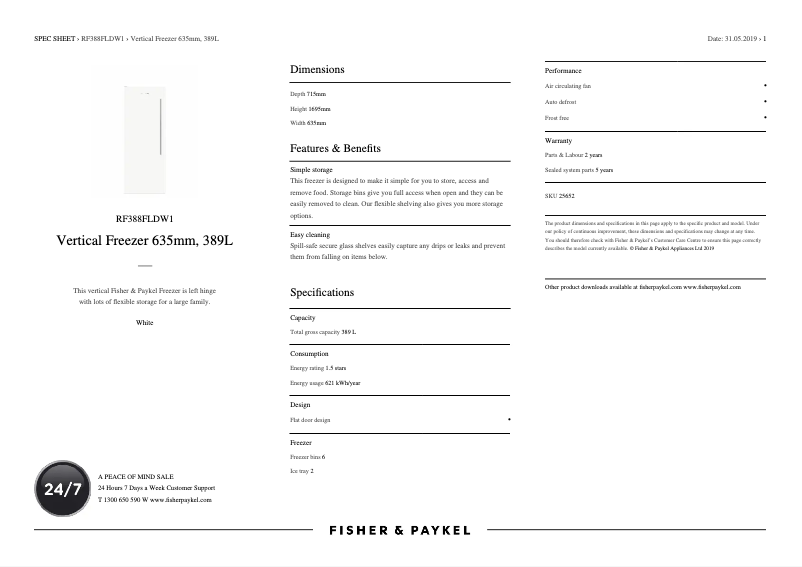 Page 1 de la notice Fiche technique Fisher & Paykel RF388FLDW1