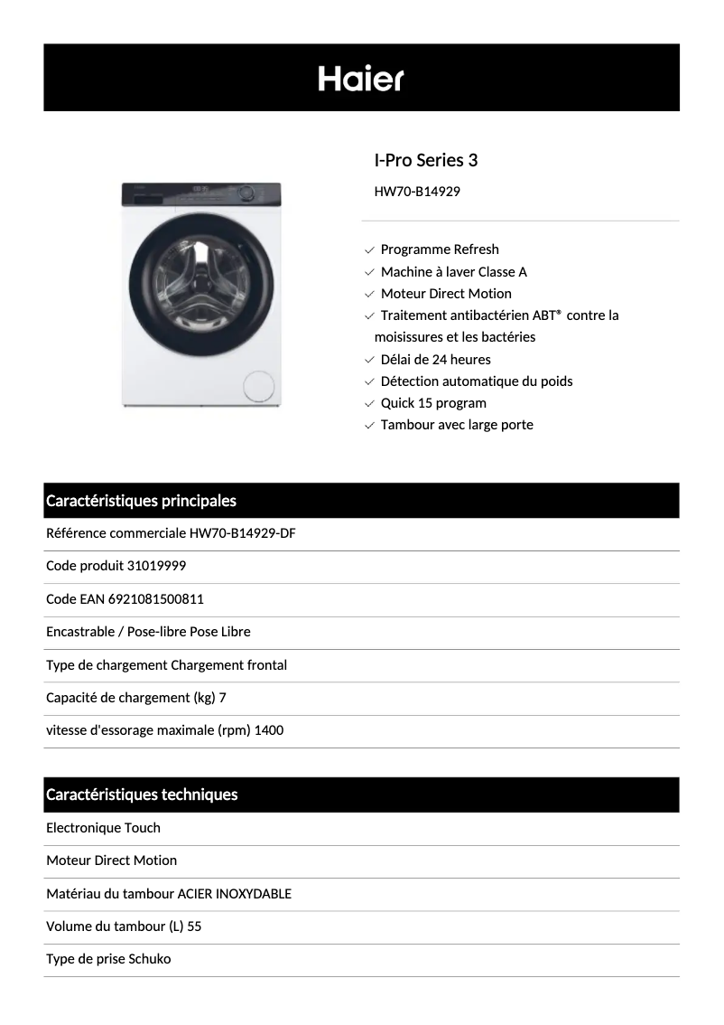 Page 1 de la notice Fiche technique Haier HW70-B14929