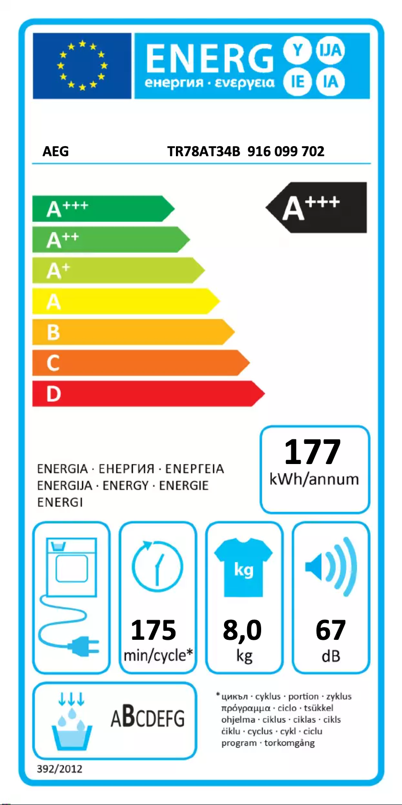 Page n°1 - Label énergétique AEG TR78AT34B