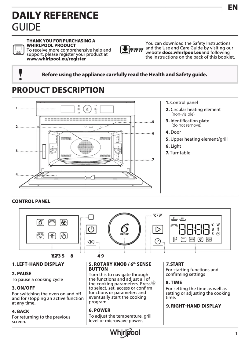 Page 1 de la notice Manuel d'utilisation et d'entretien Whirlpool AMW 9604/IX