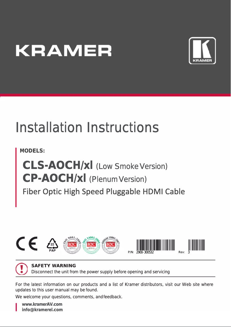 Página 1 del manual Manual de usuario Kramer CLS-AOCH/XL-262
