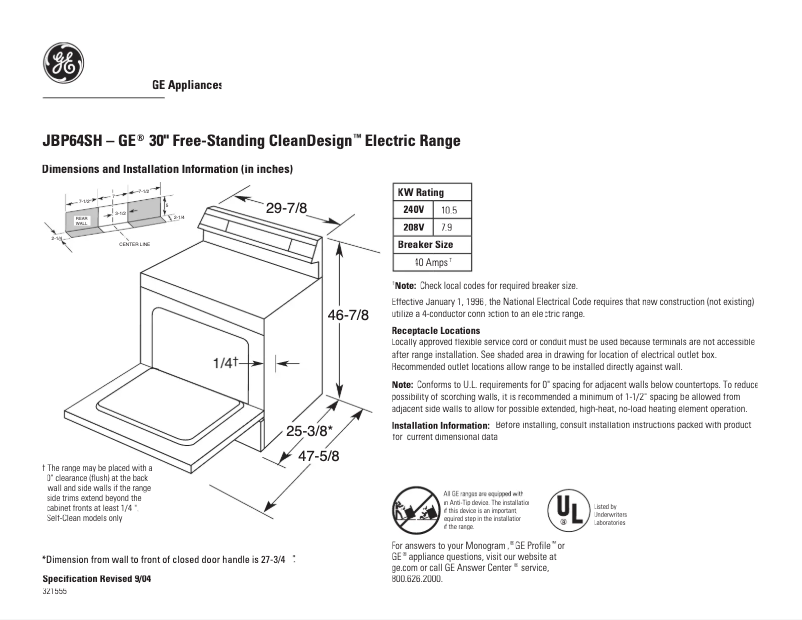 Page n°1 - Fiche technique GE JBP64SHSS
