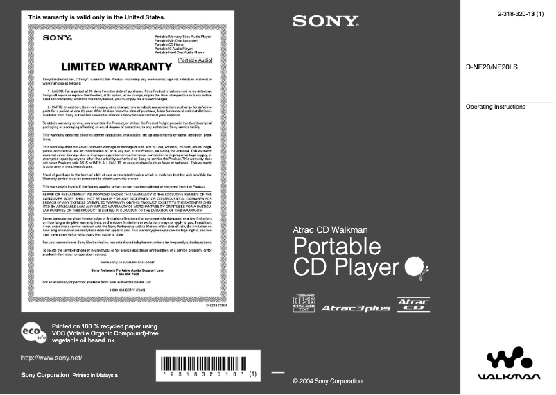 Page 1 de la notice Manuel utilisateur Sony D-NE20