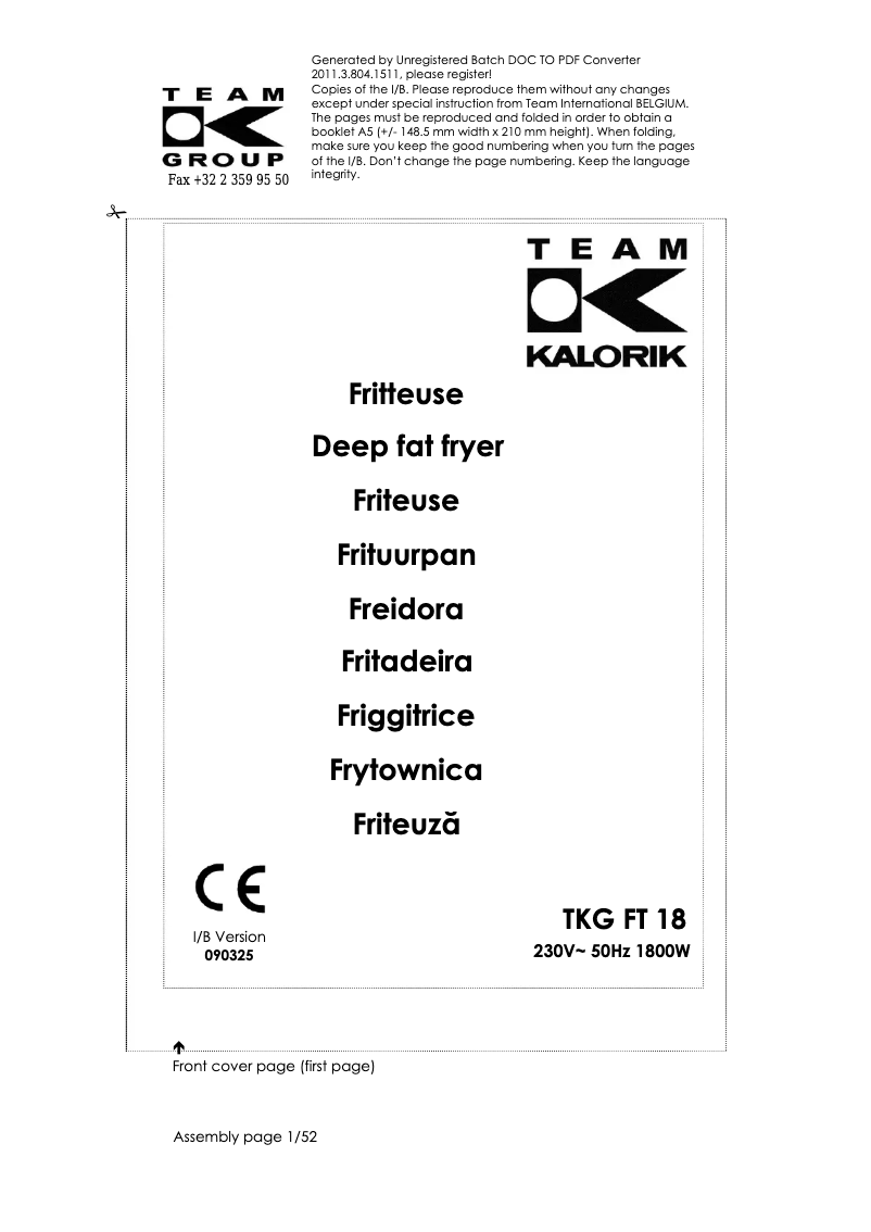 Page 1 de la notice Manuel utilisateur Kalorik TKG FT 18