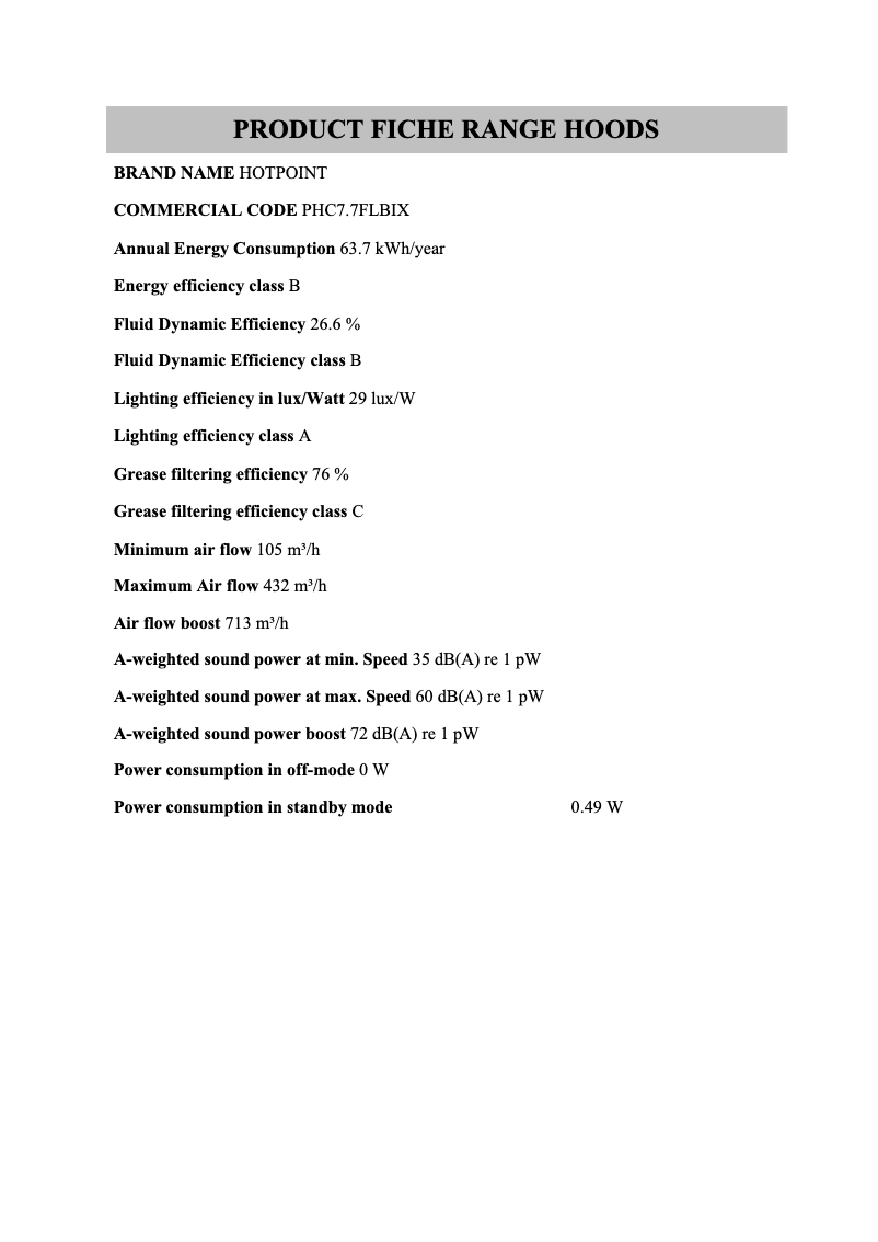 Page 1 de la notice Fiche technique Hotpoint PHC7.7FLBIX