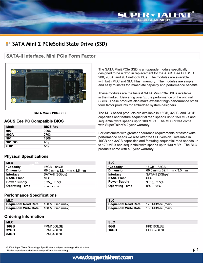 Page n°1 - Manuel utilisateur Super Talent Technology SATA Mini 2 PCIe
