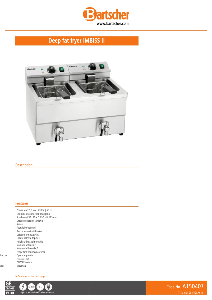 Page n°1 - Fiche technique Bartscher Imbiss II A150407