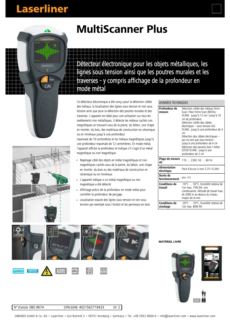 Page 1 de la notice Fiche technique Laserliner MultiScanner Plus
