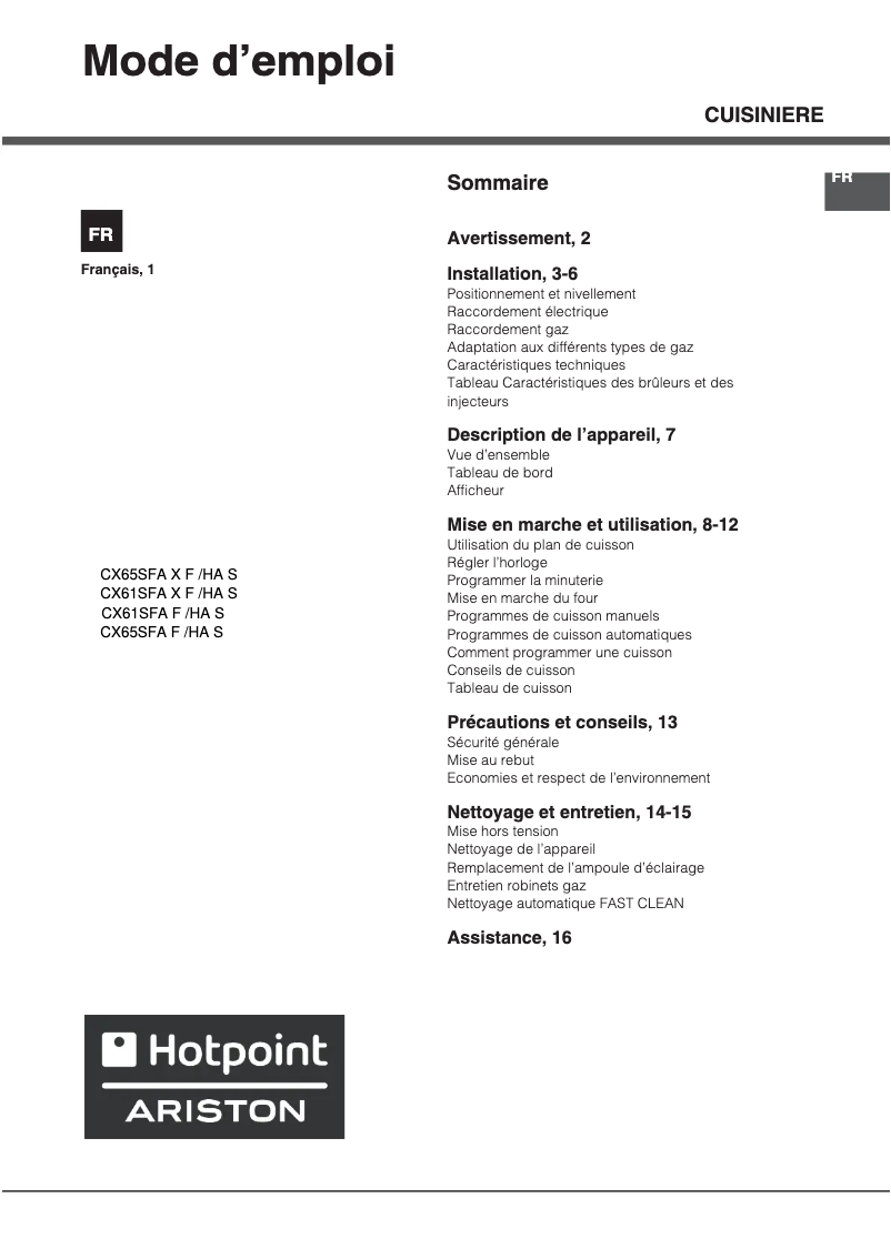 Page 1 de la notice Manuel utilisateur Hotpoint Ariston CX65SFA X F /HA S