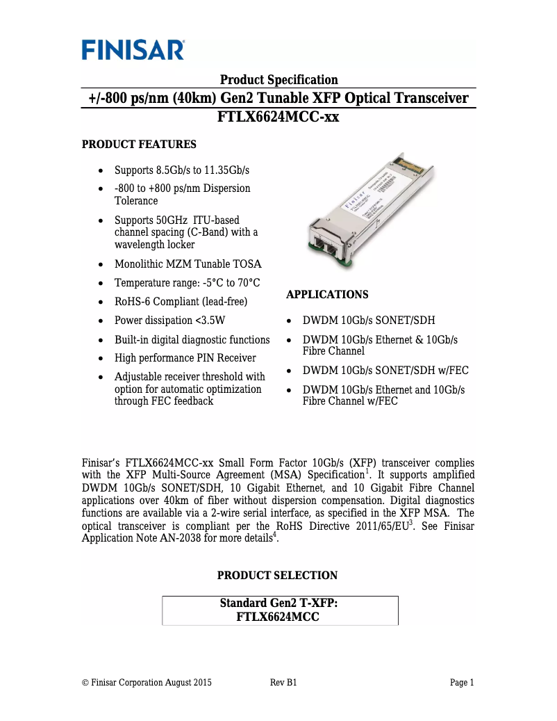 Page 1 de la notice Manuel utilisateur Finisar FTLX6624MCC