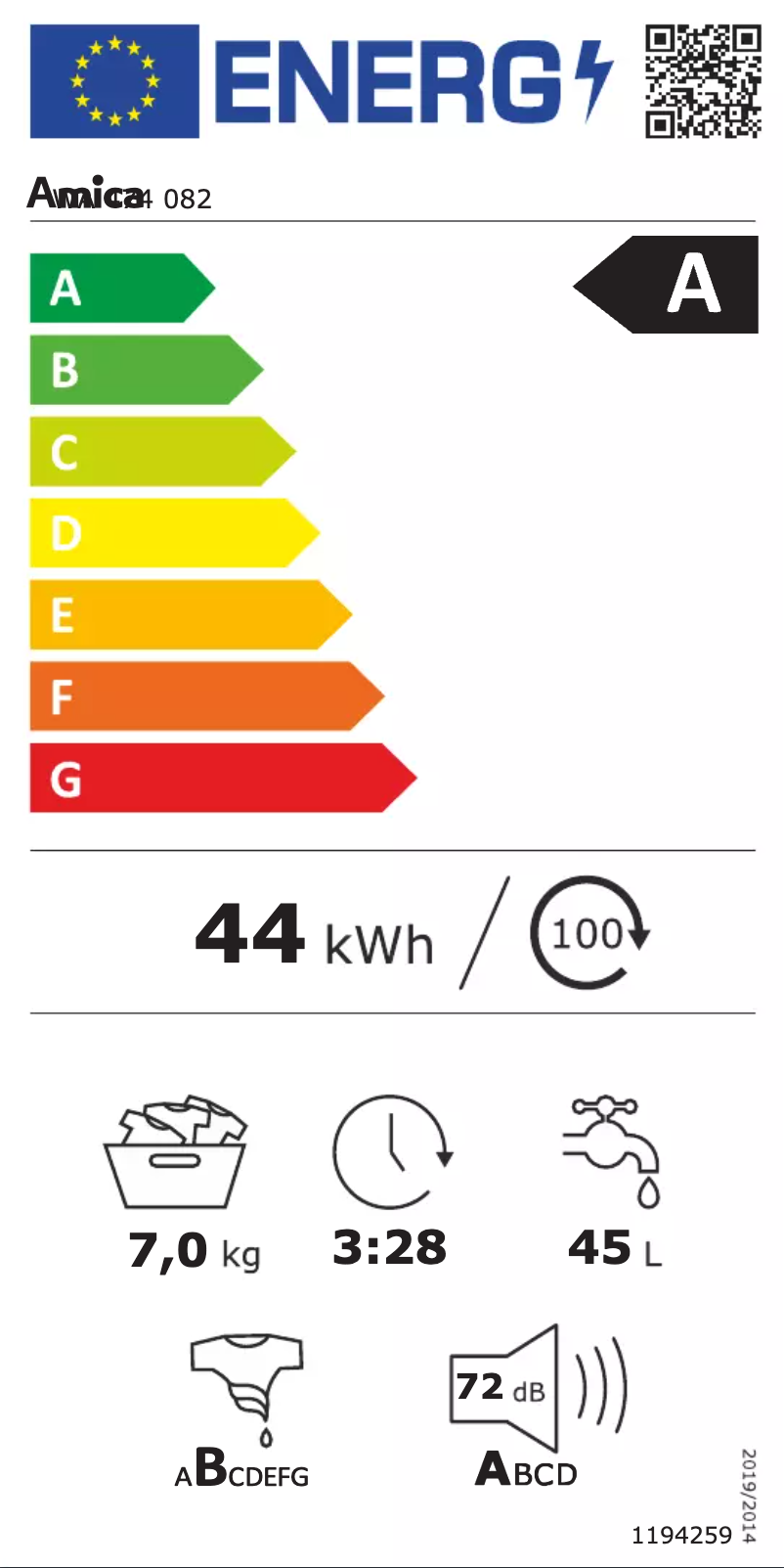 Page n°1 - Label énergétique Amica WA 474 082