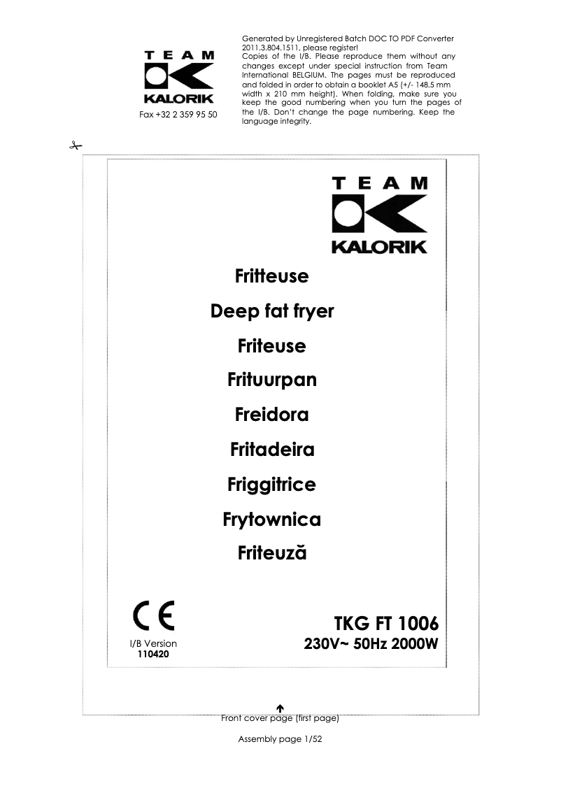 Page n°1 - Manuel utilisateur Kalorik TKG FT 1006