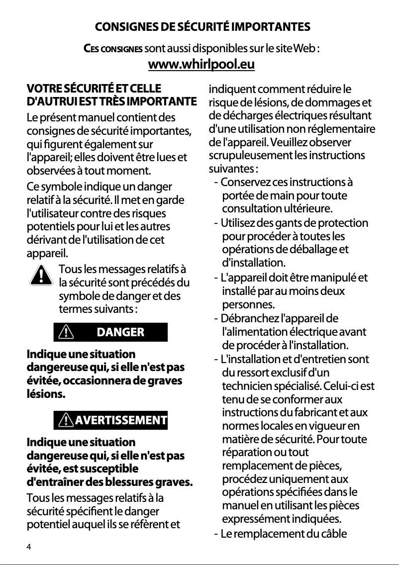 Page 1 de la notice Mode d'emploi Whirlpool AMW 404/IX