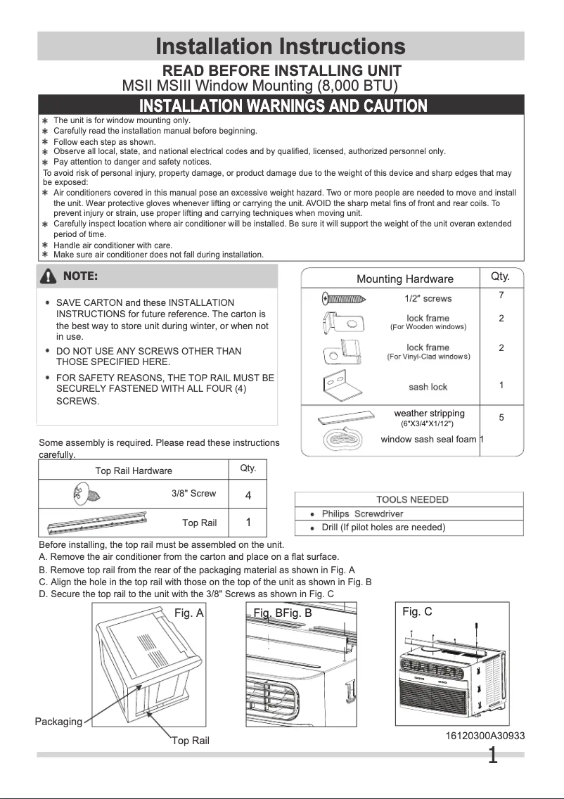 Page 1 de la notice Guide d'installation Frigidaire FHWW084TE1