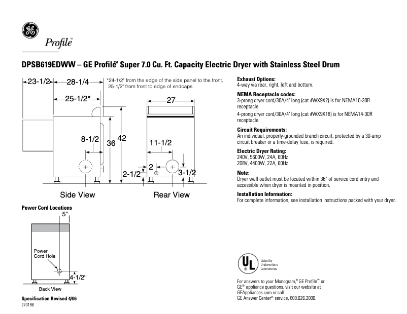 Page 1 de la notice Fiche technique GE Profile DPSB619EDWW