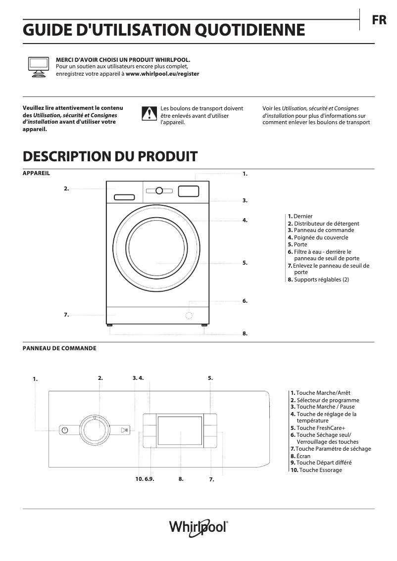 Page 1 de la notice Manuel utilisateur Whirlpool FFWDB976258BCVFR