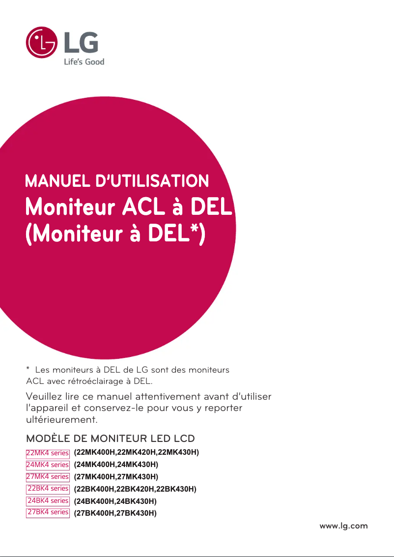 Page 1 de la notice Manuel utilisateur LG 24BK400H