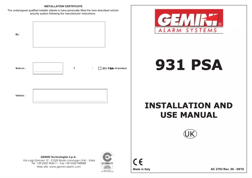 Page 1 de la notice Manuel utilisateur Gemini 931PSA